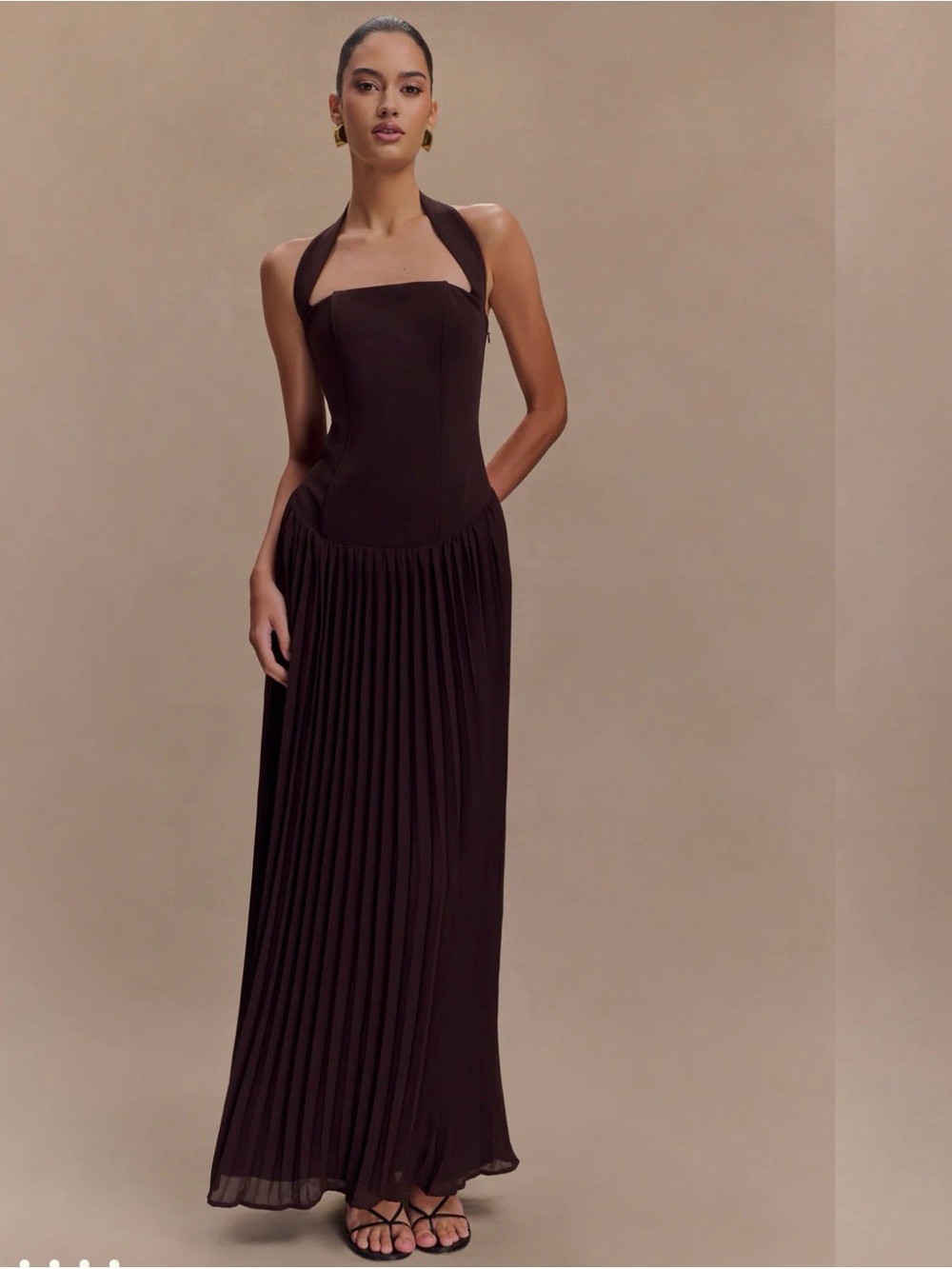 Meshki Stacie Pleated Halter Maxi Dress in Espresso